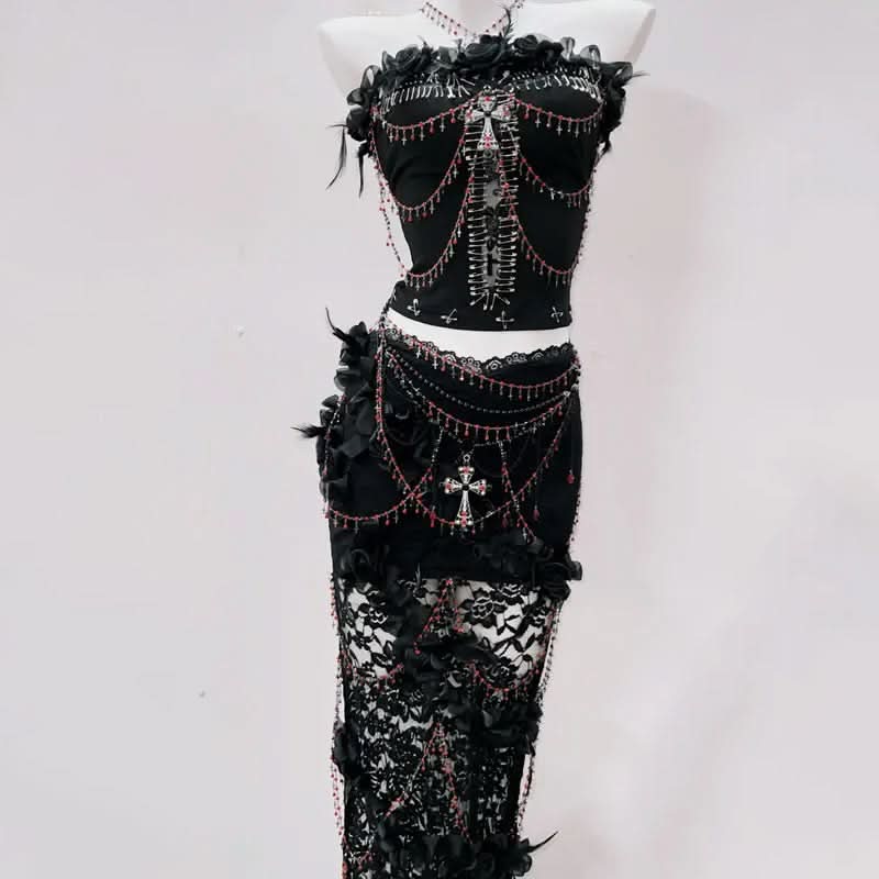 Gothic Siren Two-Piece Set: Edgy Beaded Cross Top & Lace Maxi Skirt for Halloween & Beyond