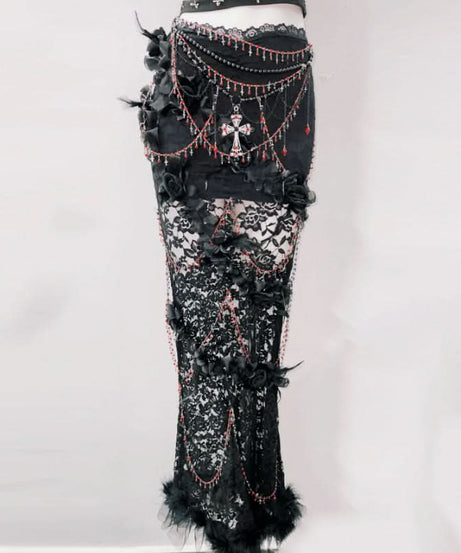 Gothic Siren Two-Piece Set: Edgy Beaded Cross Top & Lace Maxi Skirt for Halloween & Beyond