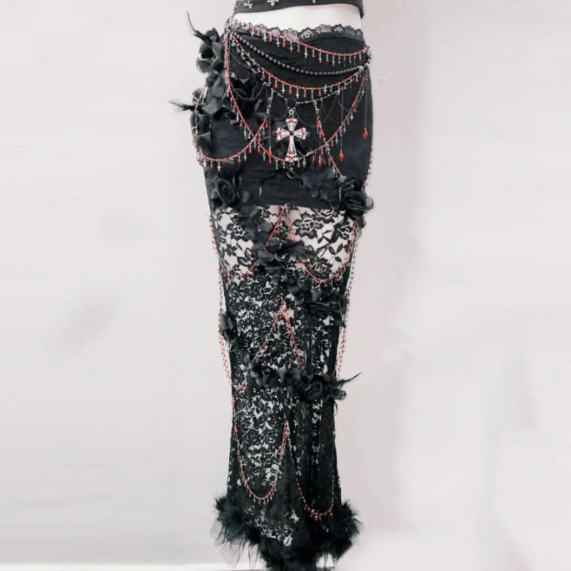 Gothic Siren Two-Piece Set: Edgy Beaded Cross Top & Lace Maxi Skirt for Halloween & Beyond