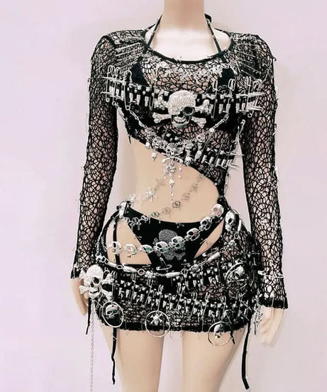 Spooky Chic Skull & Chain Mesh 3-Piece Set - Ultimate Halloween Rave & Festival Outfit