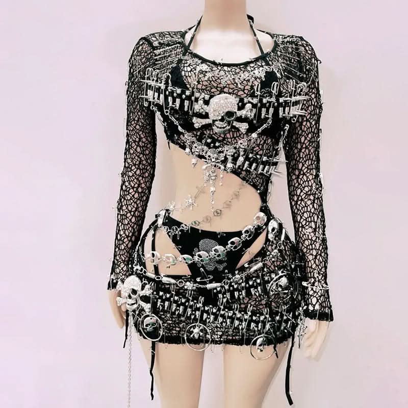 Spooky Chic Skull & Chain Mesh 3-Piece Set - Ultimate Halloween Rave & Festival Outfit