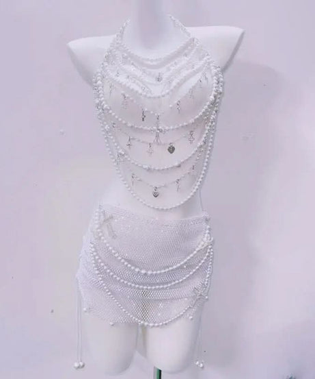 Dazzling Pearl & Rhinestone Mesh Body Chain Halter Top & Mini Skirt Set - Your Ultimate Holiday Glam & NYE Statement