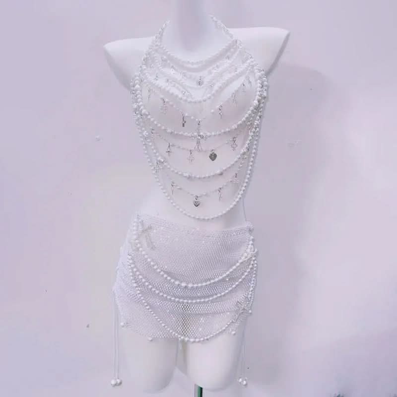 Dazzling Pearl & Rhinestone Mesh Body Chain Halter Top & Mini Skirt Set - Your Ultimate Holiday Glam & NYE Statement