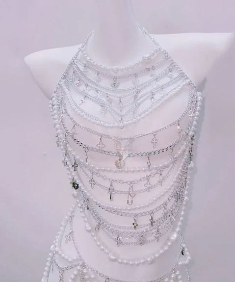 Glam Goddess Pearl & Silver Body Chain Harness - Dazzle for Halloween, Festivals & NYE!