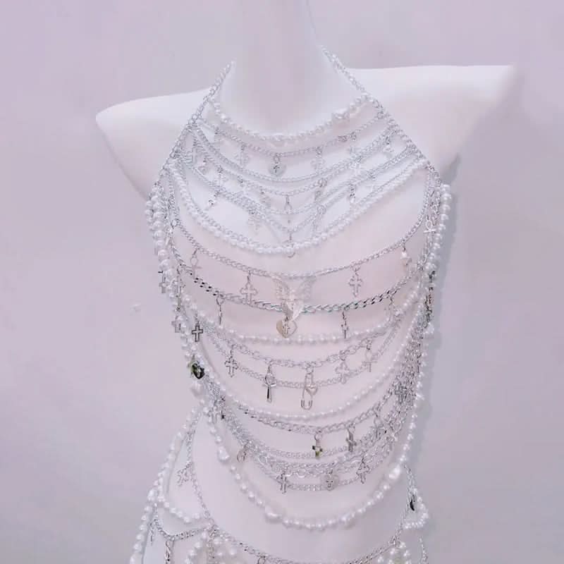 Glam Goddess Pearl & Silver Body Chain Harness - Dazzle for Halloween, Festivals & NYE!