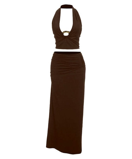 Chic Black Halter O-Ring Crop Top & Ruched Maxi Skirt Set - Fall Evening & Holiday Ready