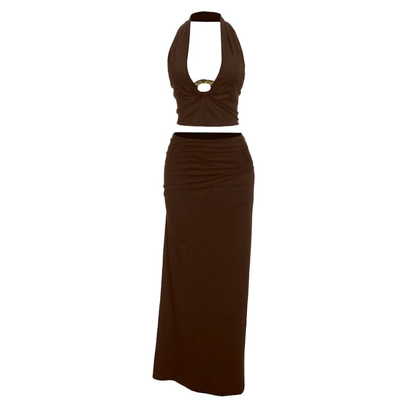 Chic Black Halter O-Ring Crop Top & Ruched Maxi Skirt Set - Fall Evening & Holiday Ready