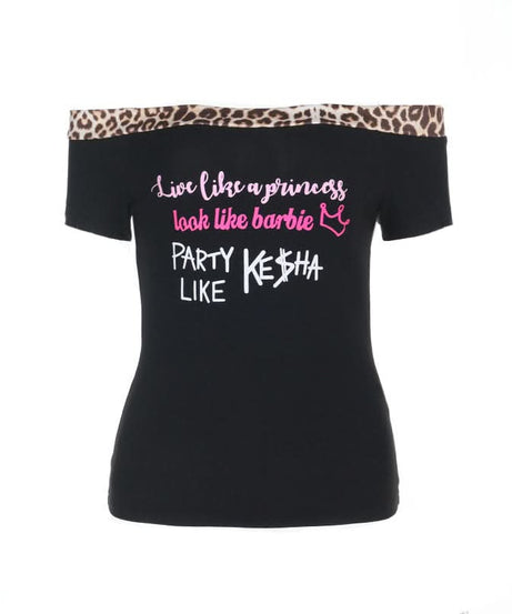 Sassy Leopard Trim Off-Shoulder Top: 'Princess, Barbie, Ke$ha' Graphic for Fall Parties & Halloween
