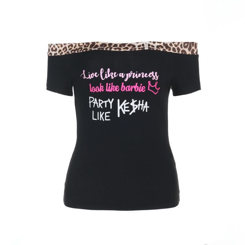 Sassy Leopard Trim Off-Shoulder Top: 'Princess, Barbie, Ke$ha' Graphic for Fall Parties & Halloween