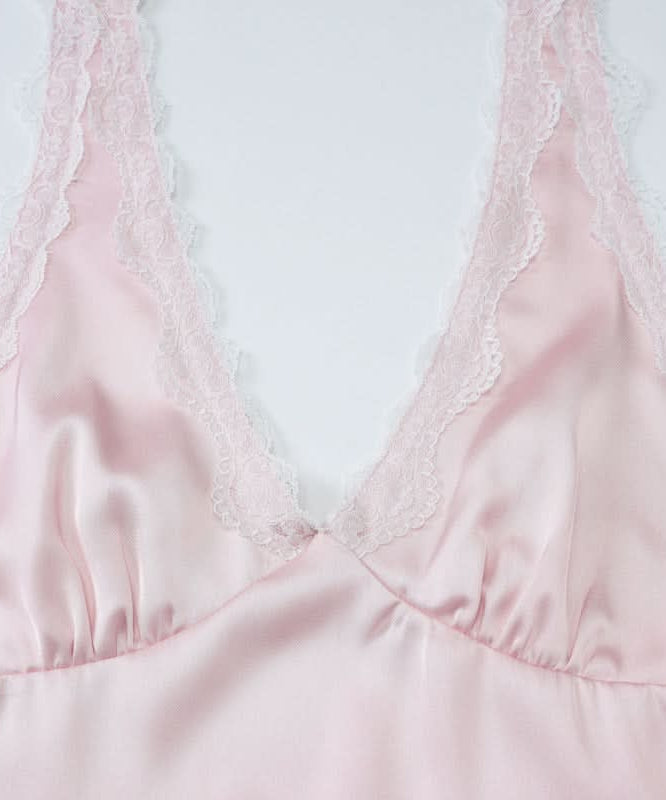 Dreamy Blush Pink Satin Halter Mini Dress – Romantic Lace Trim for Cozy Nights