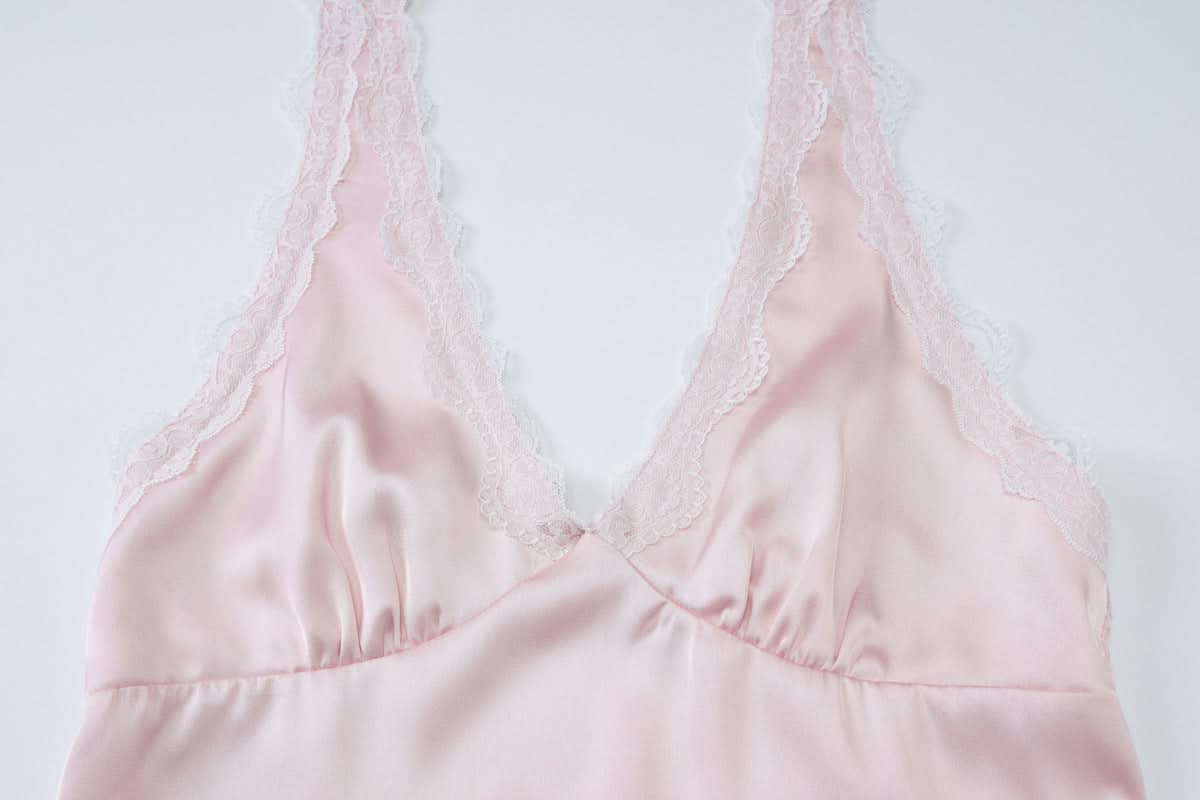 Dreamy Blush Pink Satin Halter Mini Dress – Romantic Lace Trim for Cozy Nights