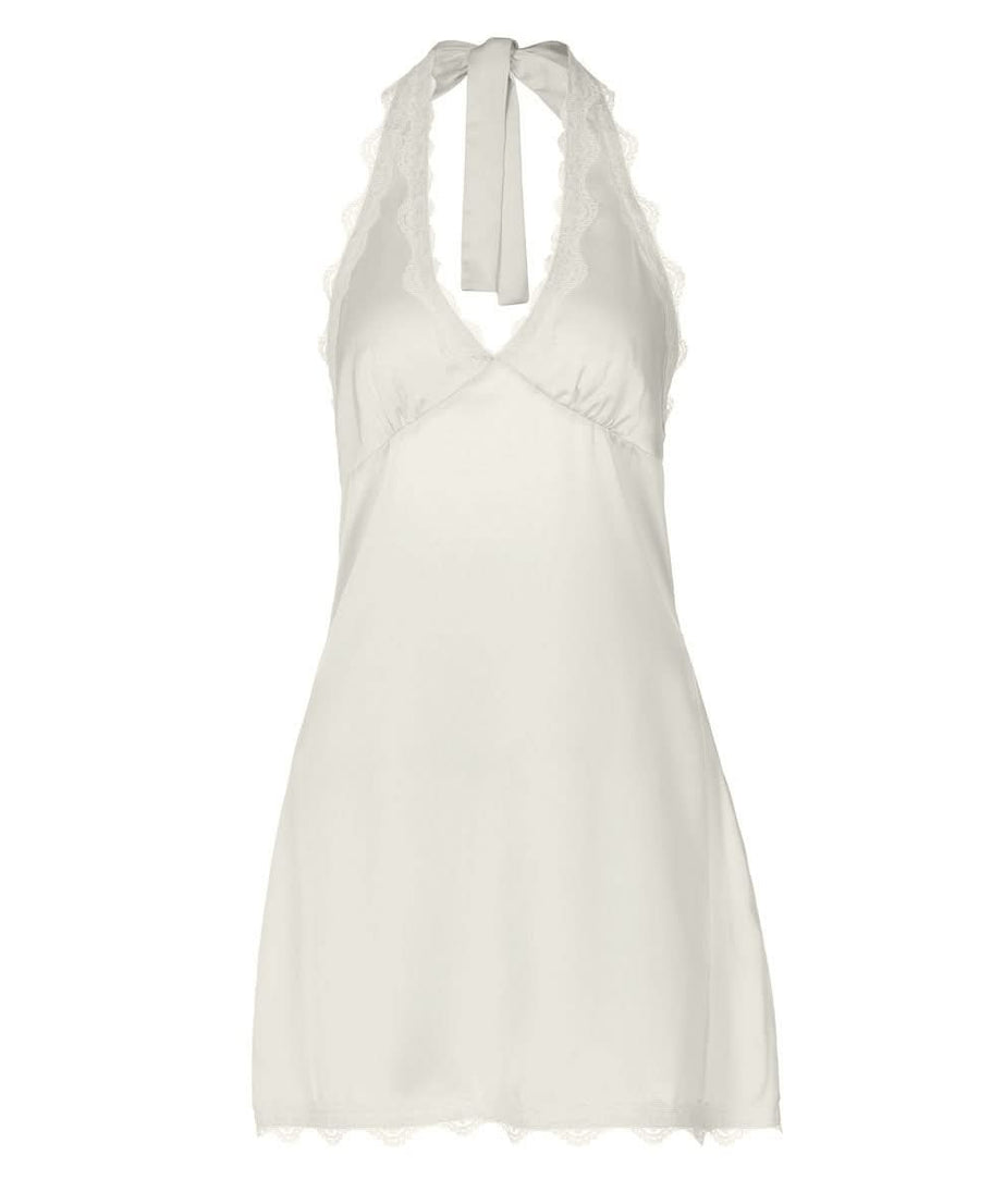 Dreamy Blush Pink Satin Halter Mini Dress – Romantic Lace Trim for Cozy Nights