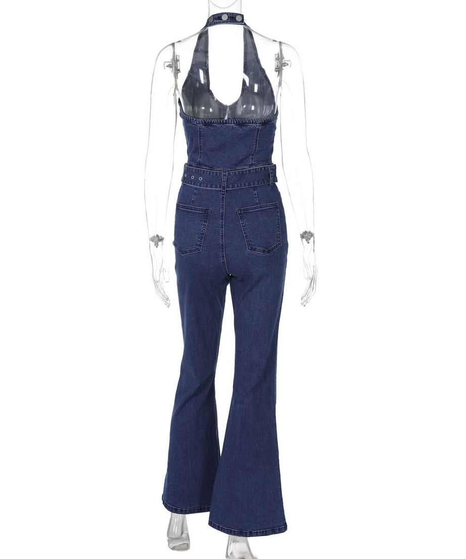 Retro Chic Halter Bell Bottom Jumpsuit: Belted Denim-Look for Fall Style