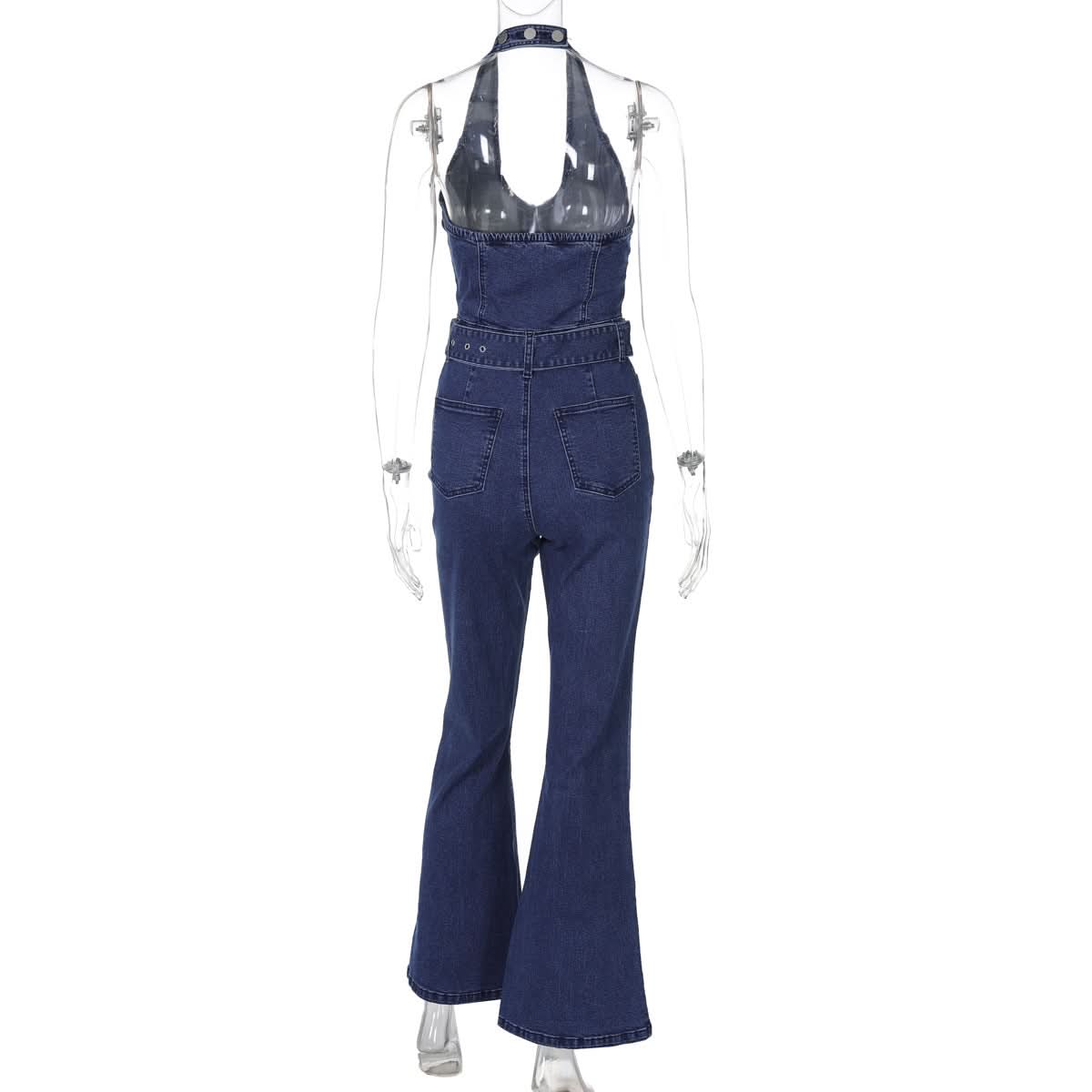 Retro Chic Halter Bell Bottom Jumpsuit: Belted Denim-Look for Fall Style