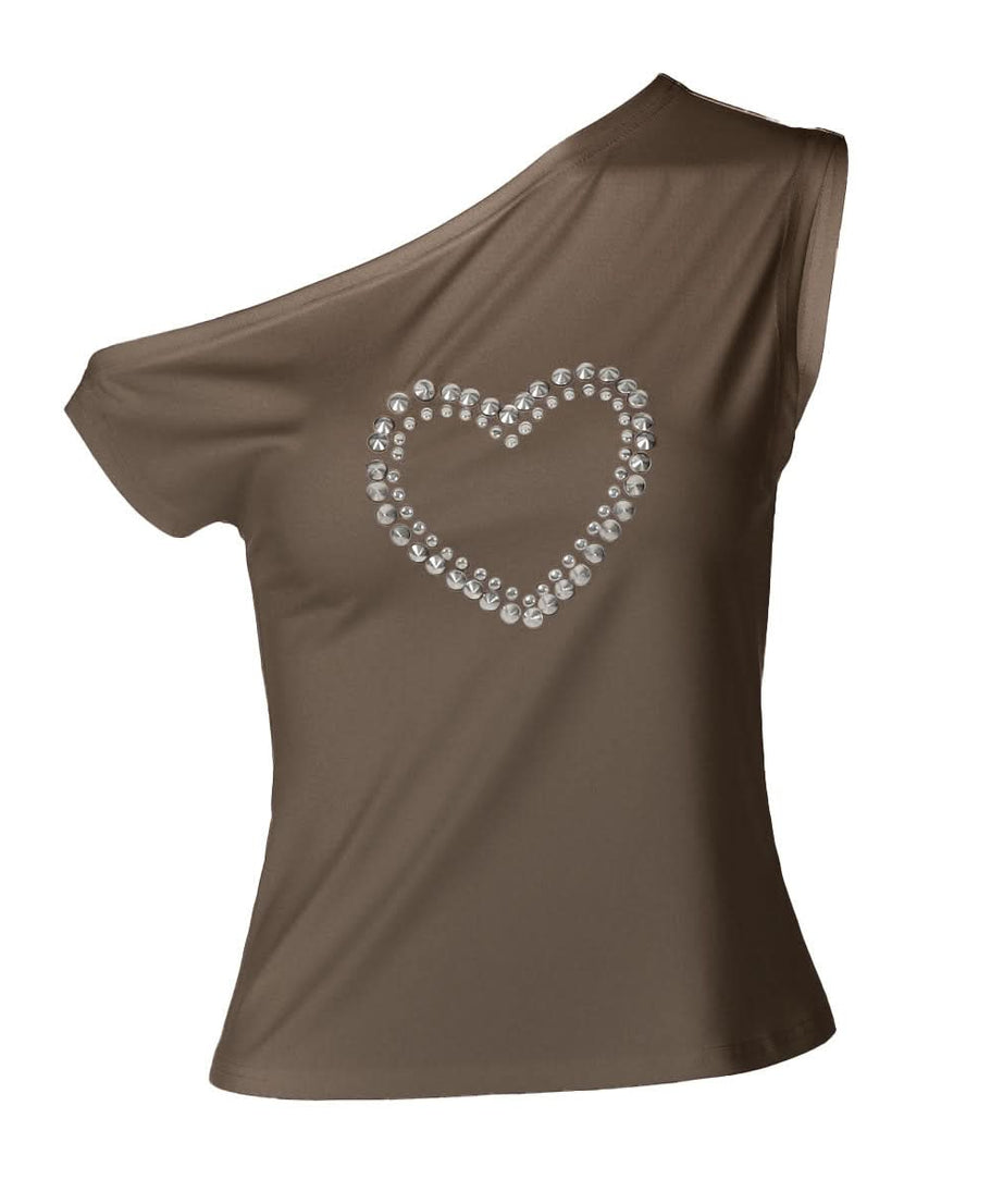 Dazzling Heart Stud One-Shoulder Top – Your Chic Fall Statement Piece