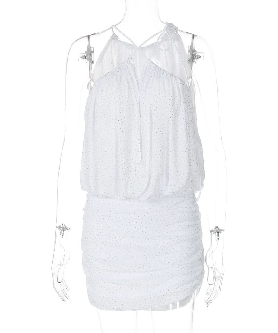 Dazzling Dot Mesh Halter Mini Dress - Chic Ruched Style for Parties & Holiday Glam