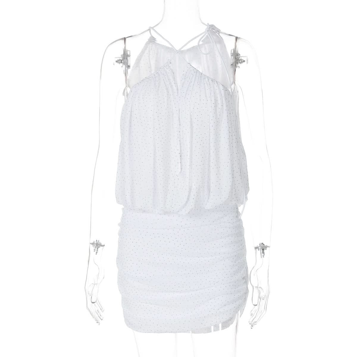 Dazzling Dot Mesh Halter Mini Dress - Chic Ruched Style for Parties & Holiday Glam