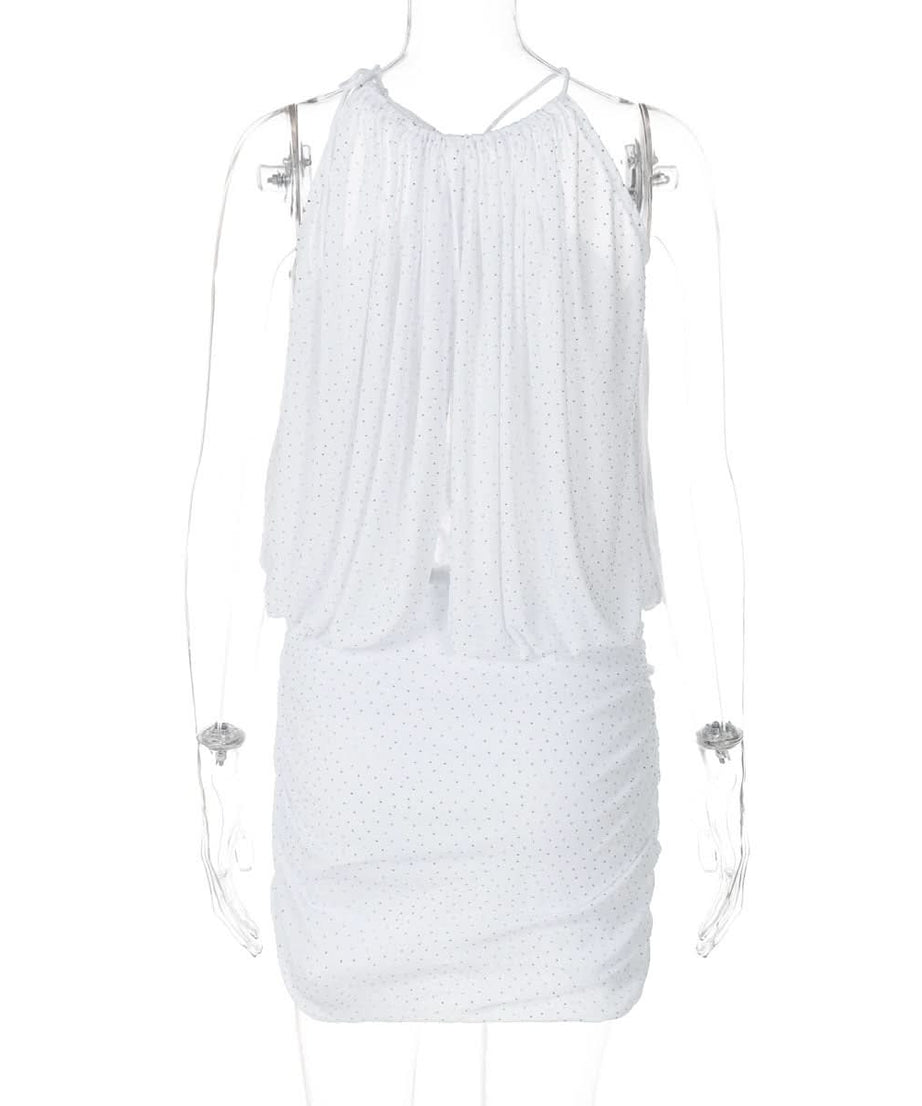 Dazzling Dot Mesh Halter Mini Dress - Chic Ruched Style for Parties & Holiday Glam