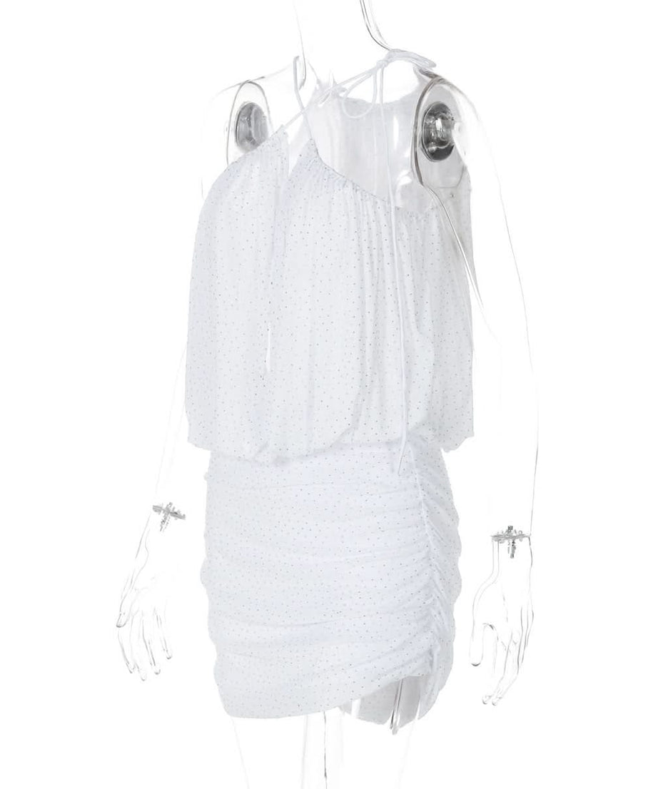 Dazzling Dot Mesh Halter Mini Dress - Chic Ruched Style for Parties & Holiday Glam