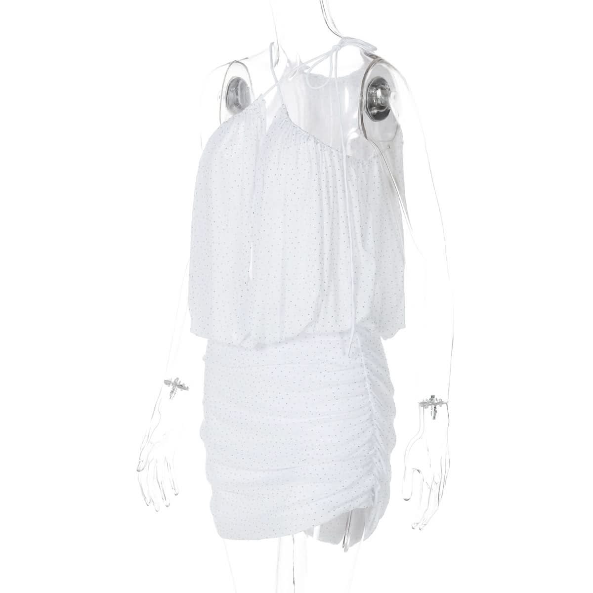 Dazzling Dot Mesh Halter Mini Dress - Chic Ruched Style for Parties & Holiday Glam