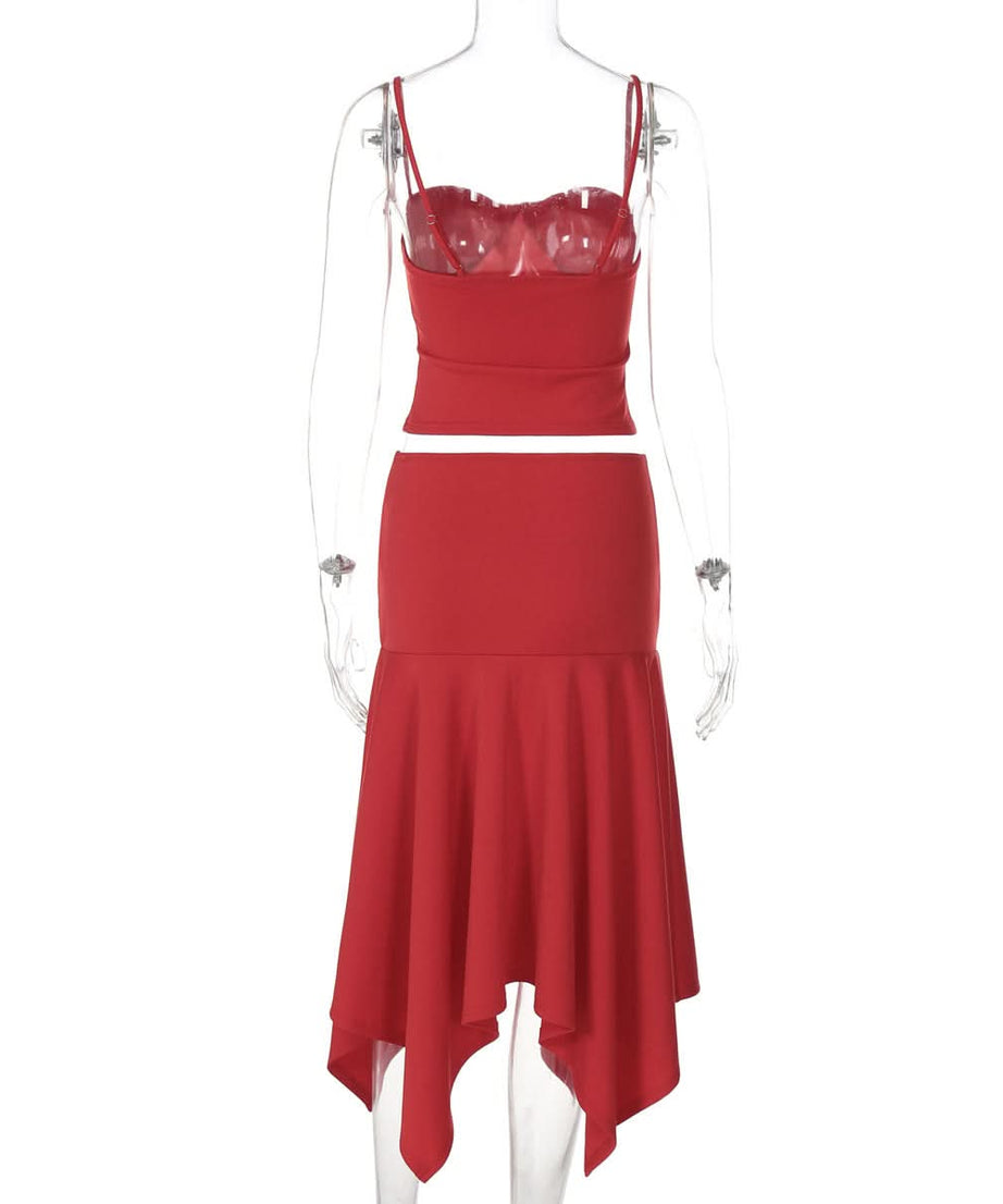 Crimson Chic: Ruched Backless Cami & Asymmetrical Midi Skirt Set – Holiday & Date Night Ready