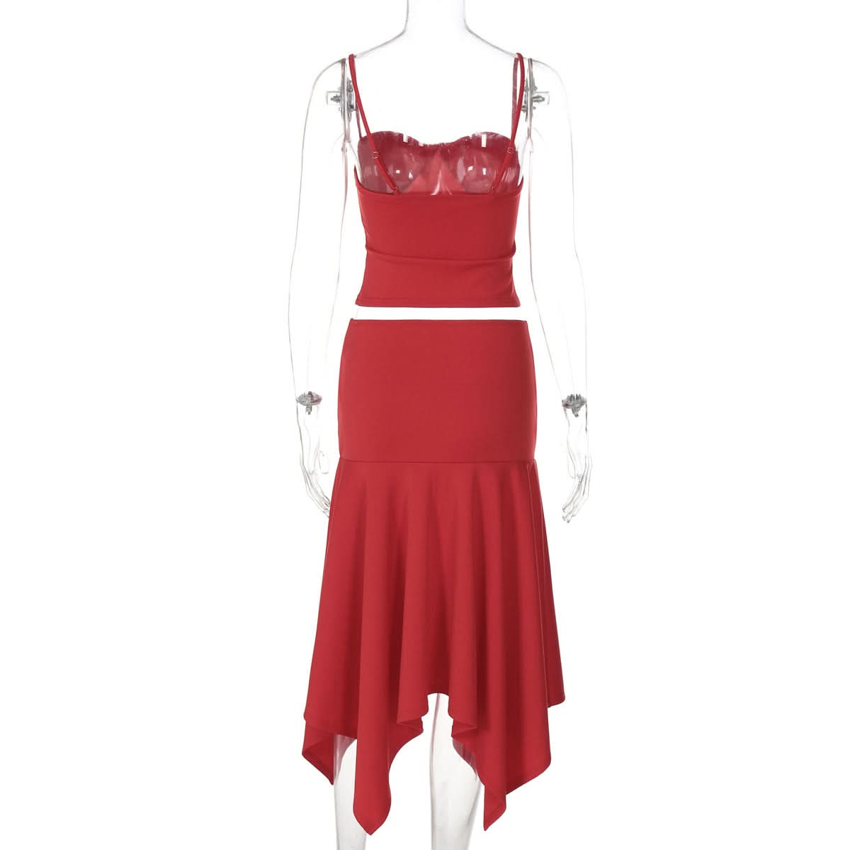 Crimson Chic: Ruched Backless Cami & Asymmetrical Midi Skirt Set – Holiday & Date Night Ready