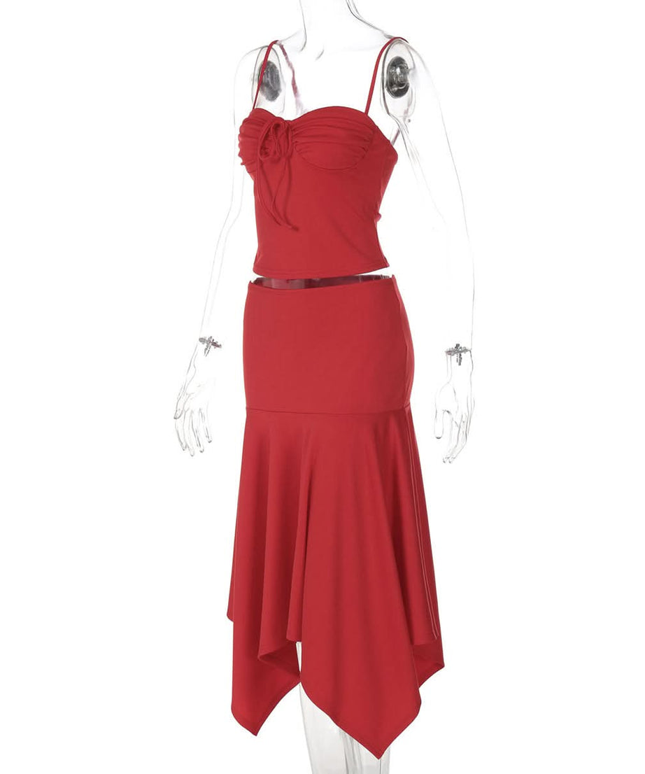 Crimson Chic: Ruched Backless Cami & Asymmetrical Midi Skirt Set – Holiday & Date Night Ready