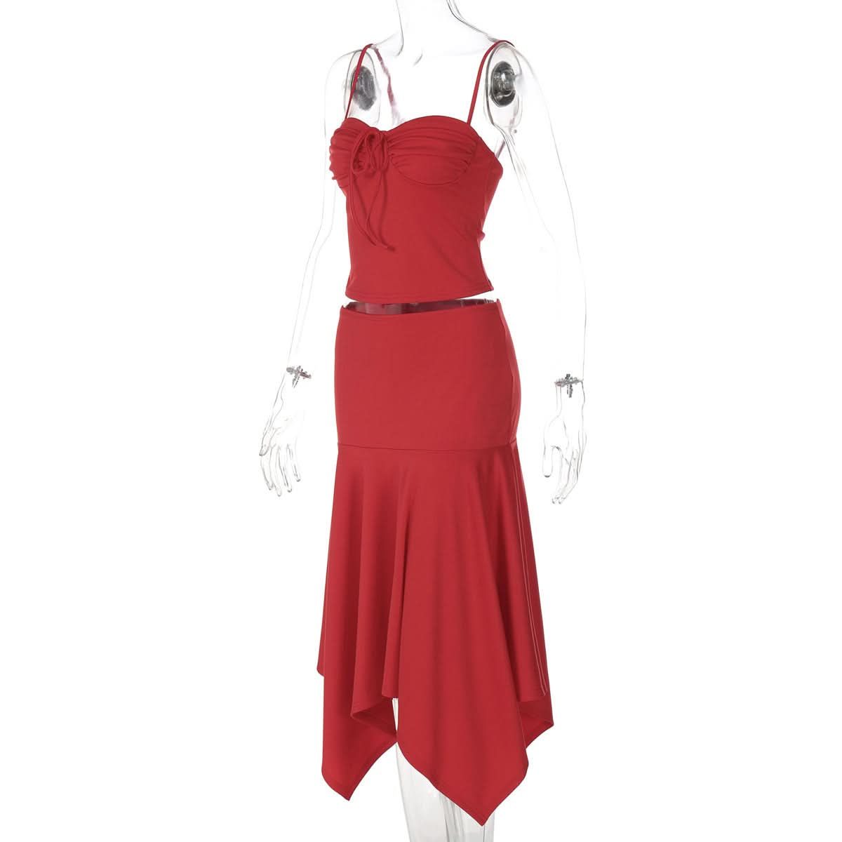 Crimson Chic: Ruched Backless Cami & Asymmetrical Midi Skirt Set – Holiday & Date Night Ready