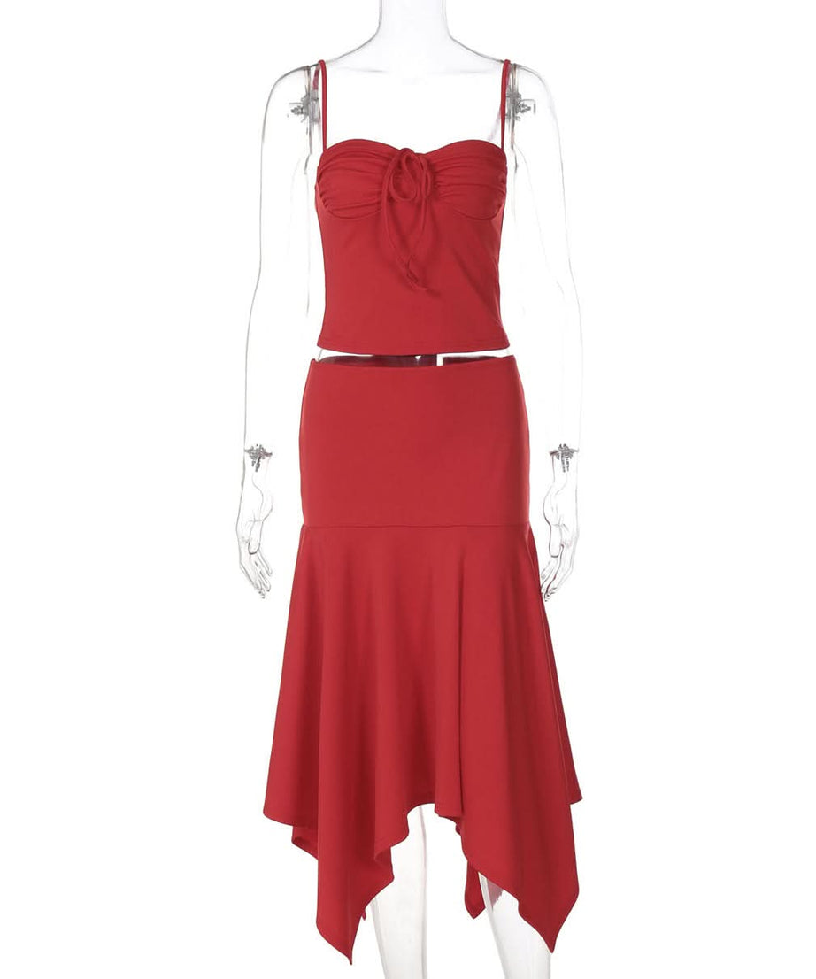 Crimson Chic: Ruched Backless Cami & Asymmetrical Midi Skirt Set – Holiday & Date Night Ready