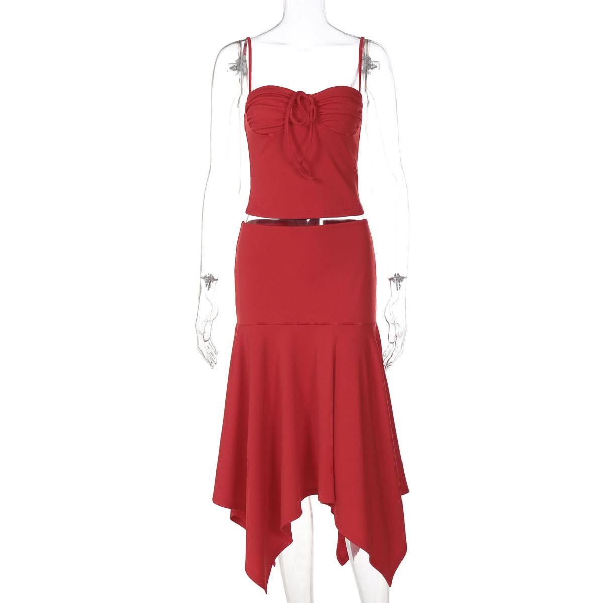 Crimson Chic: Ruched Backless Cami & Asymmetrical Midi Skirt Set – Holiday & Date Night Ready