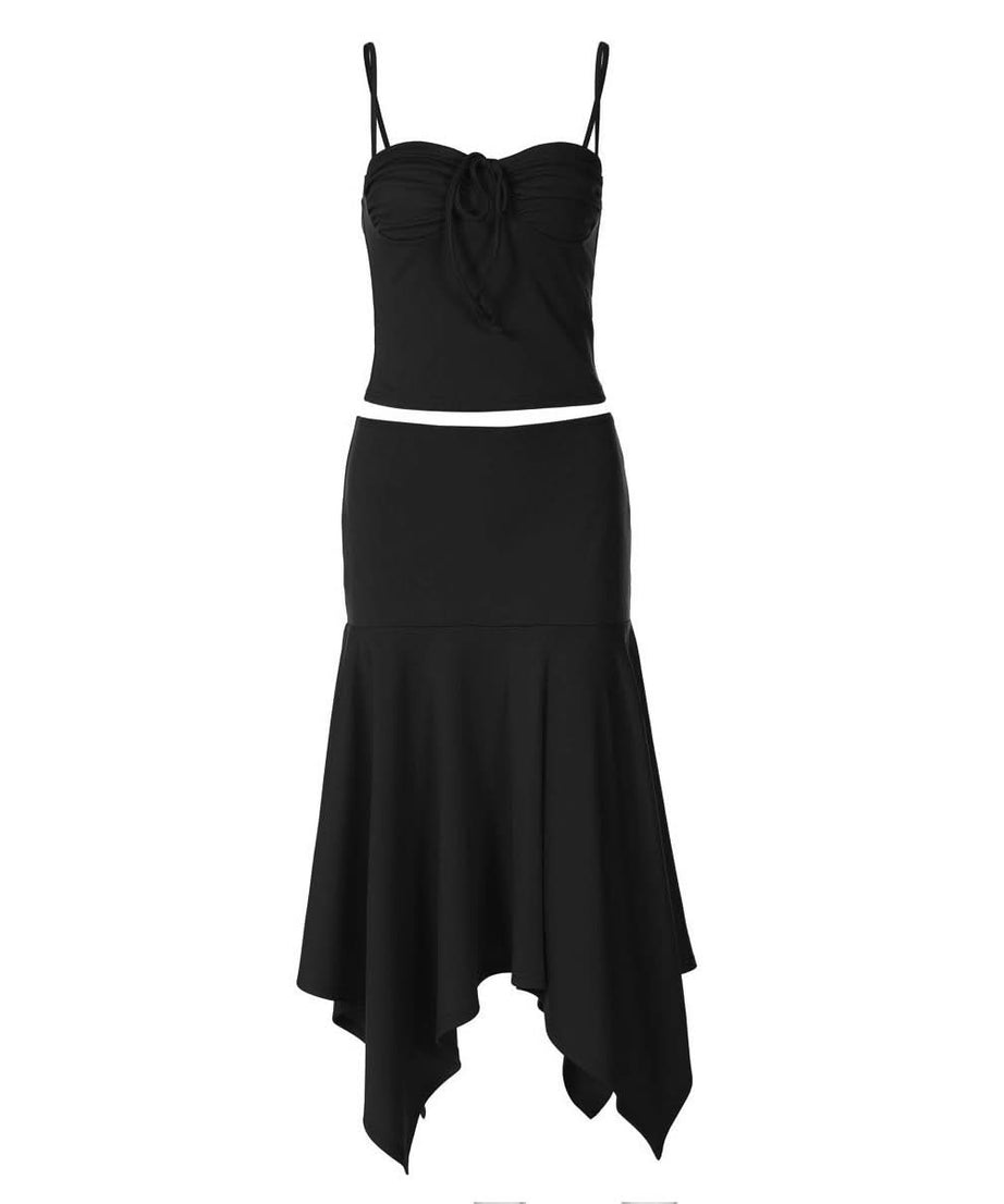 Crimson Chic: Ruched Backless Cami & Asymmetrical Midi Skirt Set – Holiday & Date Night Ready