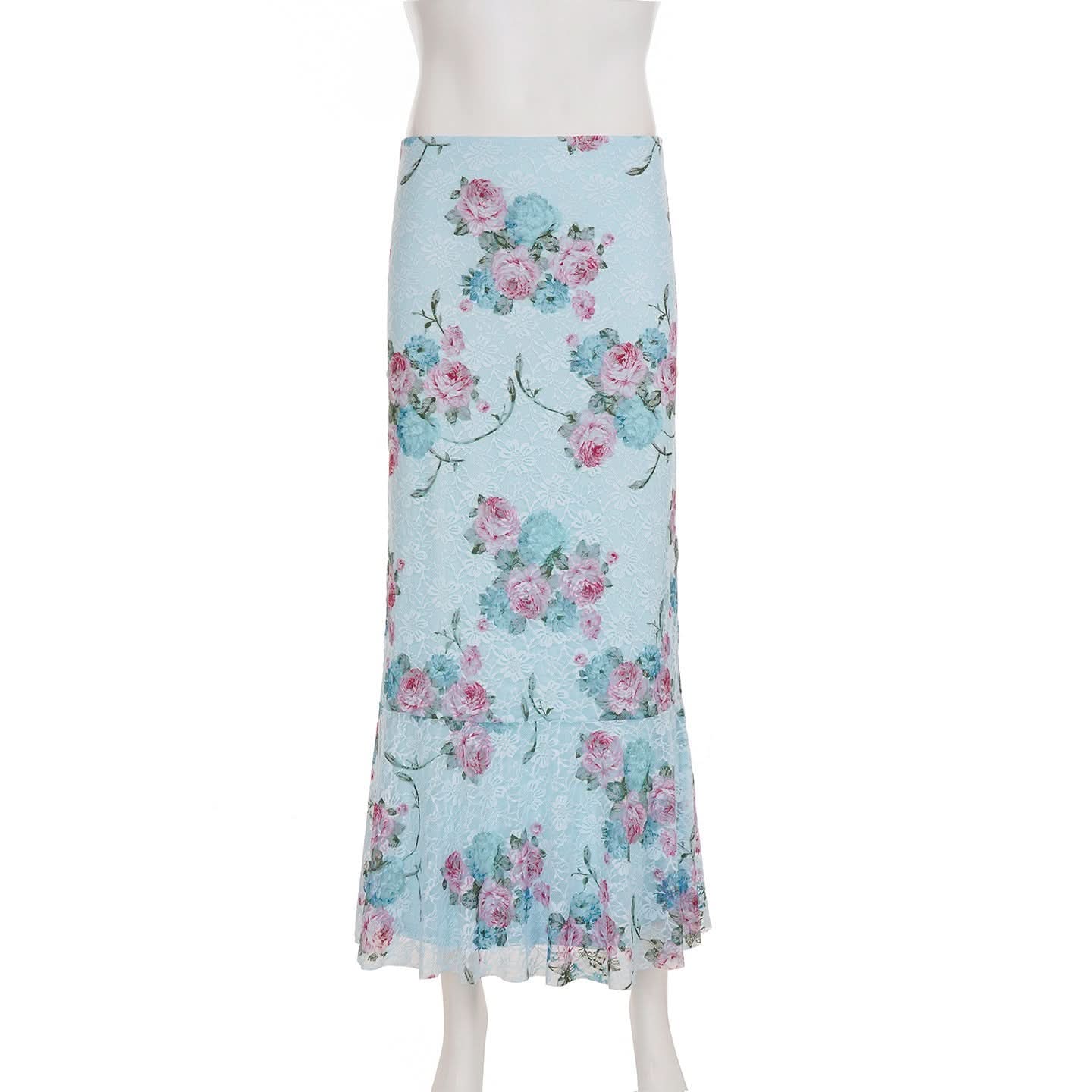 Romantic Autumn Rose Lace Maxi Skirt - Vintage Floral Mermaid Hem