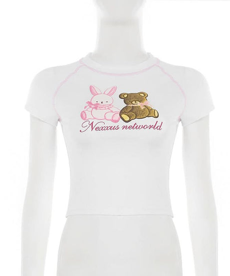 Sweet Kawaii Bunny & Bear Crop Top | Y2K Pink Stitch Slim Fit Tee for Cozy Fall Style