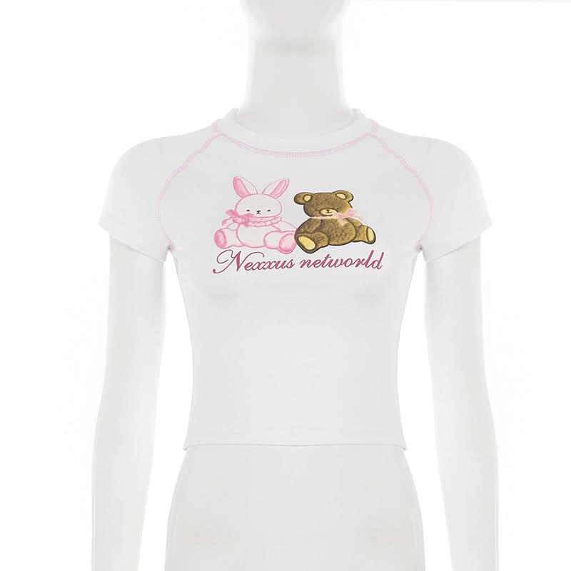 Sweet Kawaii Bunny & Bear Crop Top | Y2K Pink Stitch Slim Fit Tee for Cozy Fall Style