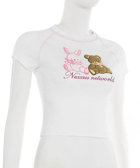 Sweet Kawaii Bunny & Bear Crop Top | Y2K Pink Stitch Slim Fit Tee for Cozy Fall Style