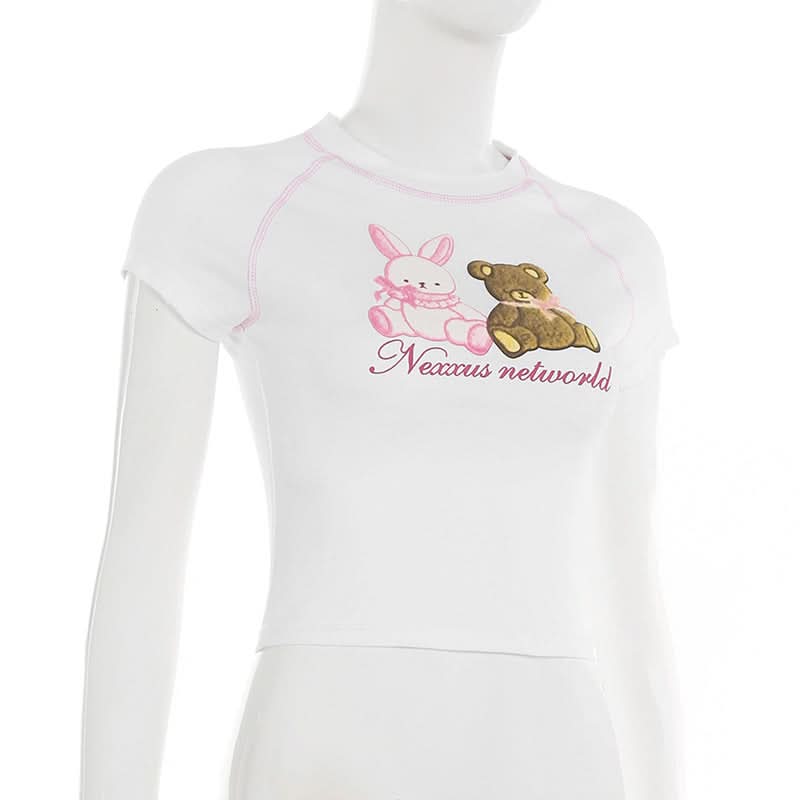 Sweet Kawaii Bunny & Bear Crop Top | Y2K Pink Stitch Slim Fit Tee for Cozy Fall Style