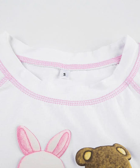 Sweet Kawaii Bunny & Bear Crop Top | Y2K Pink Stitch Slim Fit Tee for Cozy Fall Style