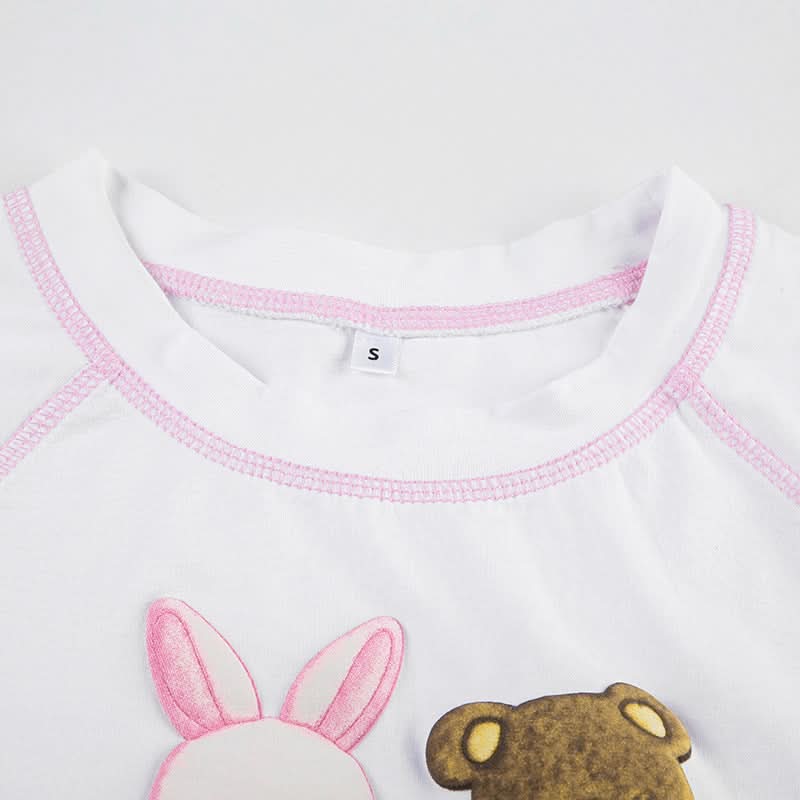 Sweet Kawaii Bunny & Bear Crop Top | Y2K Pink Stitch Slim Fit Tee for Cozy Fall Style