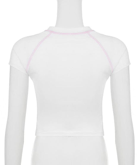 Sweet Kawaii Bunny & Bear Crop Top | Y2K Pink Stitch Slim Fit Tee for Cozy Fall Style