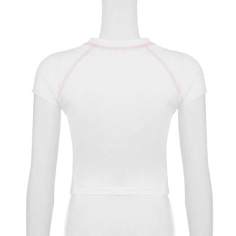 Sweet Kawaii Bunny & Bear Crop Top | Y2K Pink Stitch Slim Fit Tee for Cozy Fall Style