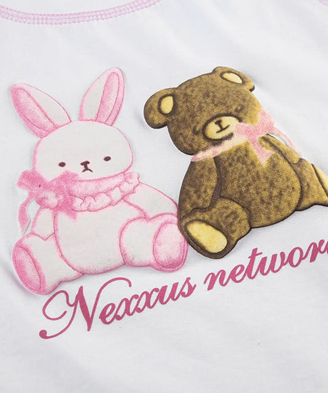 Sweet Kawaii Bunny & Bear Crop Top | Y2K Pink Stitch Slim Fit Tee for Cozy Fall Style