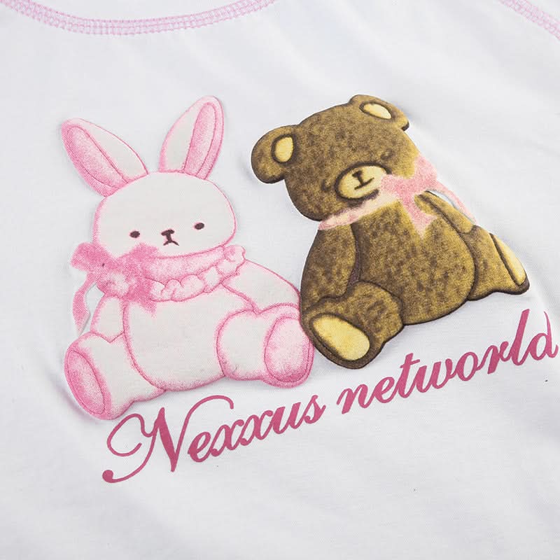 Sweet Kawaii Bunny & Bear Crop Top | Y2K Pink Stitch Slim Fit Tee for Cozy Fall Style