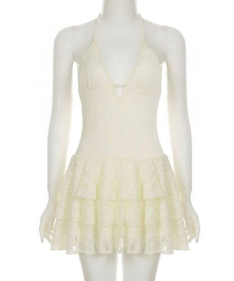 Ivory Lace Tiered Ruffle Halter Mini Dress - Your Ultimate Fall Getaway & Resort Essential