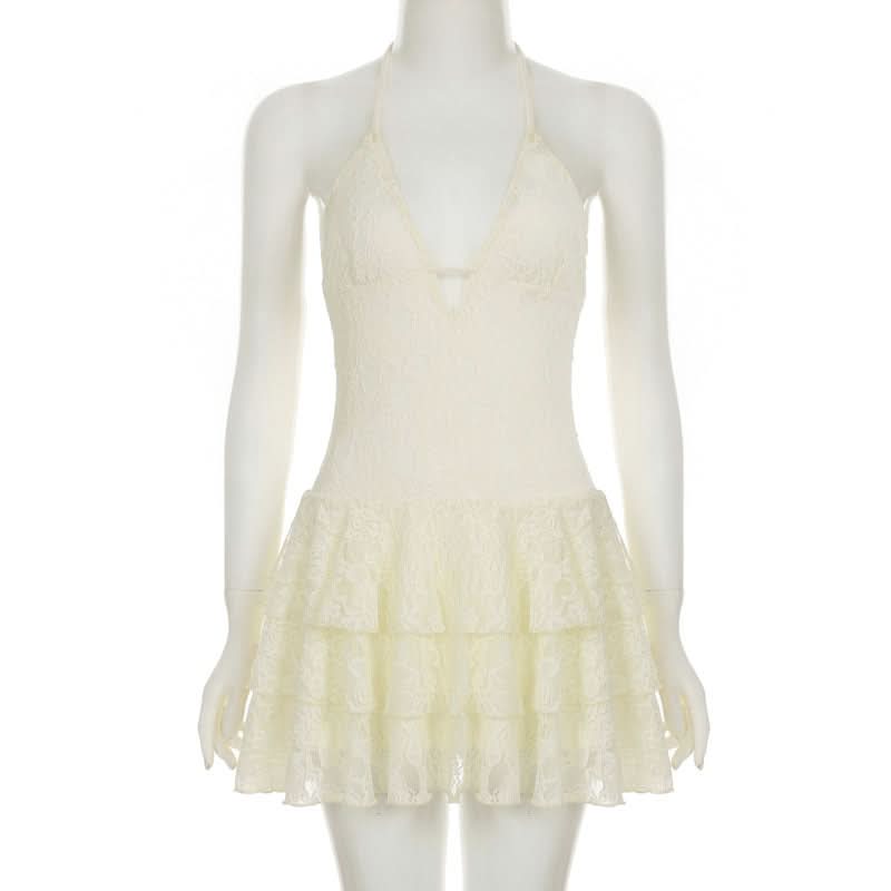 Ivory Lace Tiered Ruffle Halter Mini Dress - Your Ultimate Fall Getaway & Resort Essential