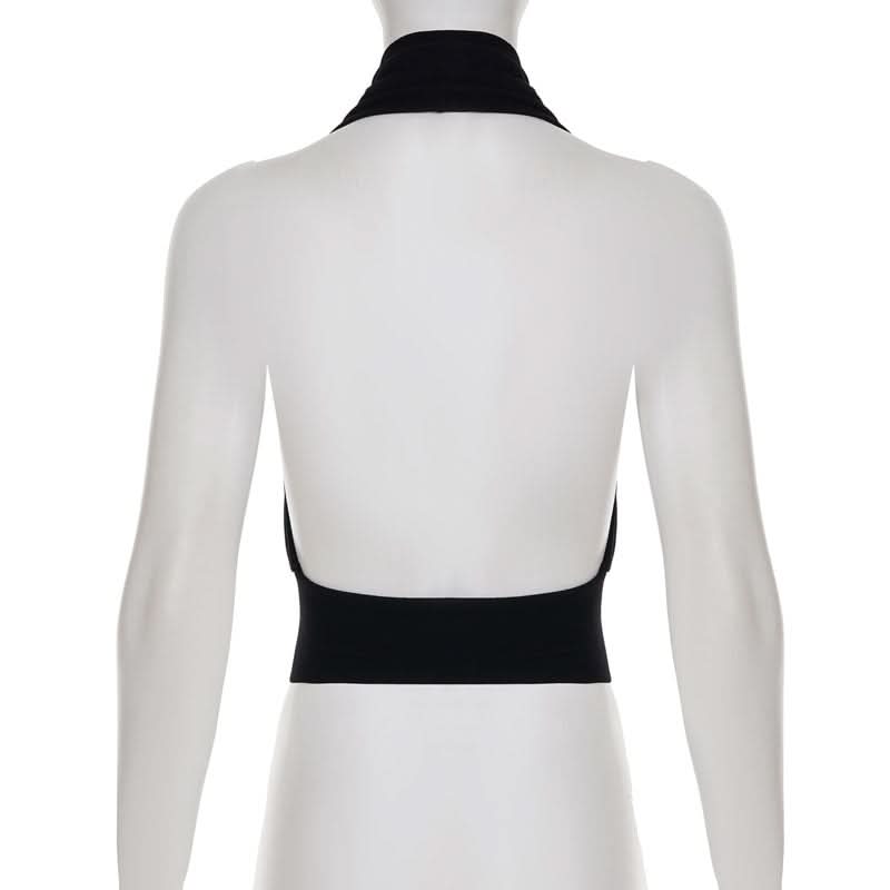 Effortless Fall Chic: Black Halter V-Neck Top with Backless Design & Button Detail