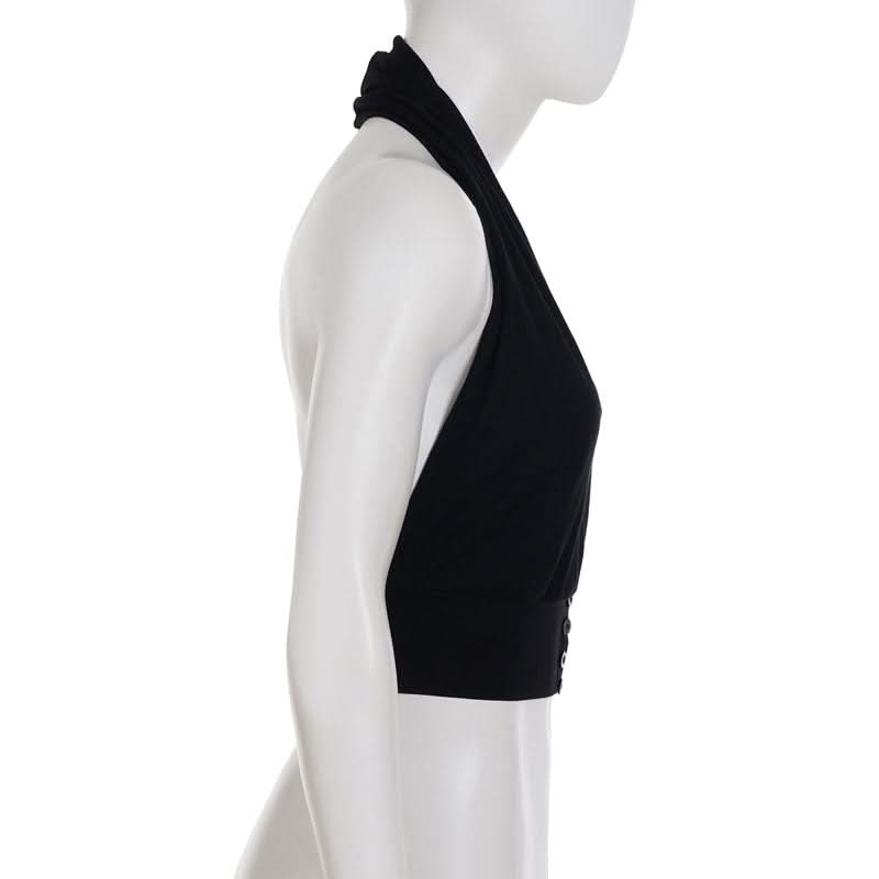 Effortless Fall Chic: Black Halter V-Neck Top with Backless Design & Button Detail