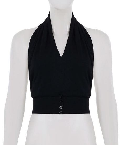 Effortless Fall Chic: Black Halter V-Neck Top with Backless Design & Button Detail