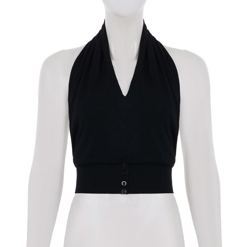 Effortless Fall Chic: Black Halter V-Neck Top with Backless Design & Button Detail