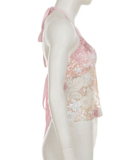 Dazzling Pink Sequin Halter V-Neck Top - Chic Night Out & Fall Event Ready