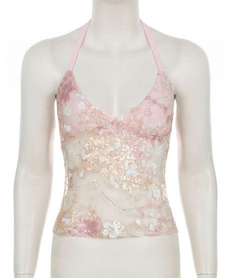 Dazzling Pink Sequin Halter V-Neck Top - Chic Night Out & Fall Event Ready